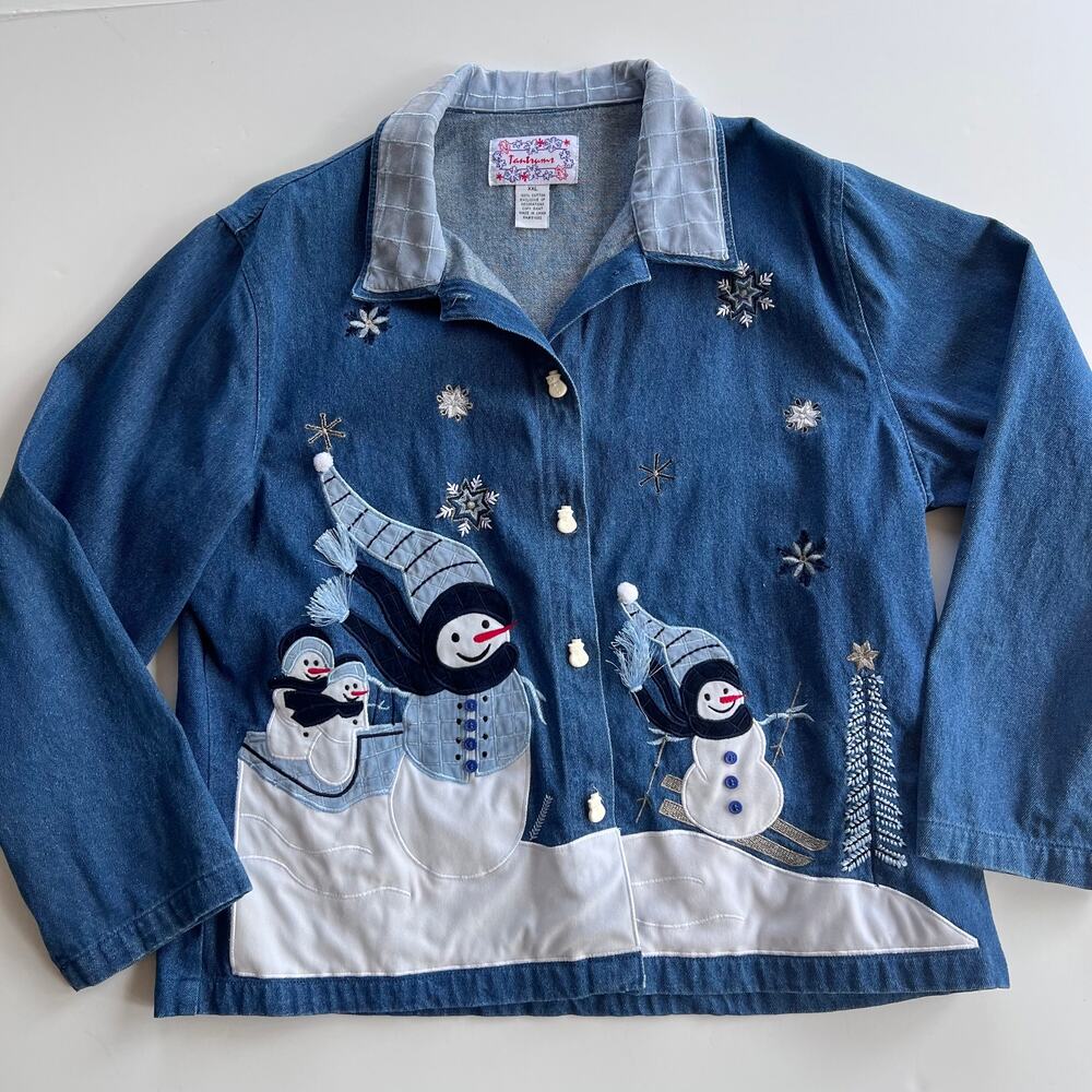 Vintage Tantrums Snowman Denim Jacket XXL Appliqué Embroidered Christmas Winter